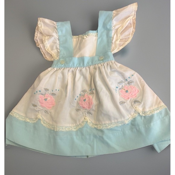 Vintage Pinafore Dress Floral Blue Embroidered‎ 70s 6 9 12 Months - Picture 1 of 10